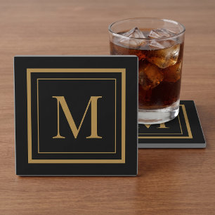 Posavasos De Vidrio Monograma personalizado en marco negro y dorado