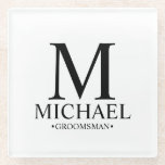Posavasos De Vidrio Monograma personalizado moderno y Groomsman de nom<br><div class="desc">Regalos Groomsman personalizados modernos con monograma personalizado,  nombre y título del groomsman en estilo clásico de tipo de letra serif. También perfecto para el Mejor Hombre,  Padre de la Novia y más.</div>