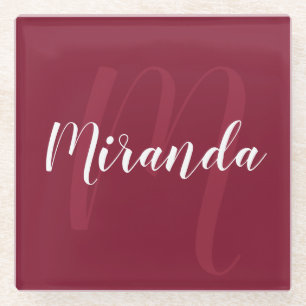 Posavasos De Vidrio Monograma personalizado moderno y nombre rojo borg