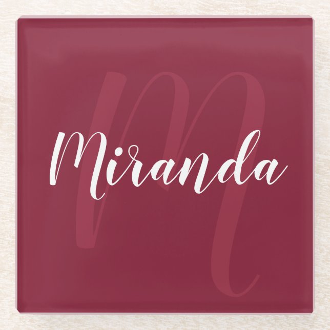 Posavasos De Vidrio Monograma personalizado moderno y nombre rojo borg (Anverso)