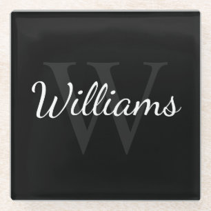 Posavasos De Vidrio Monograma personalizado y nombre negro