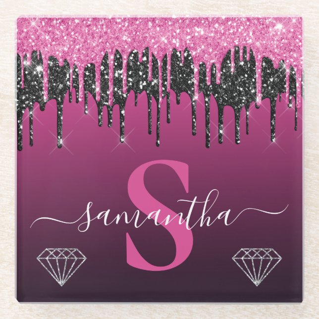 Posavasos De Vidrio Monograma Purpurina de goteo rosado y negro calien (Anverso)