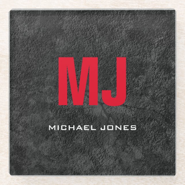 Posavasos De Vidrio Monograma rojo gris y único de moda (Anverso)