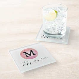 Posavasos De Vidrio Monograma Rosa Acuarela Elegante