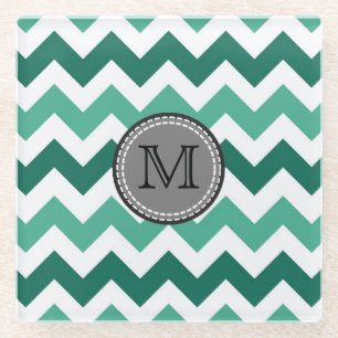 Posavasos De Vidrio Monograma Turquesa y Mint Chevron Zigzag