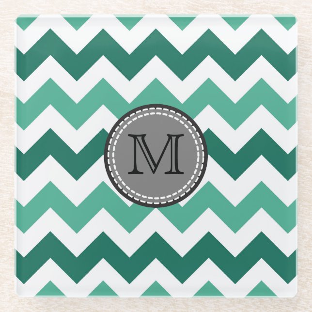 Posavasos De Vidrio Monograma Turquesa y Mint Chevron Zigzag (Anverso)