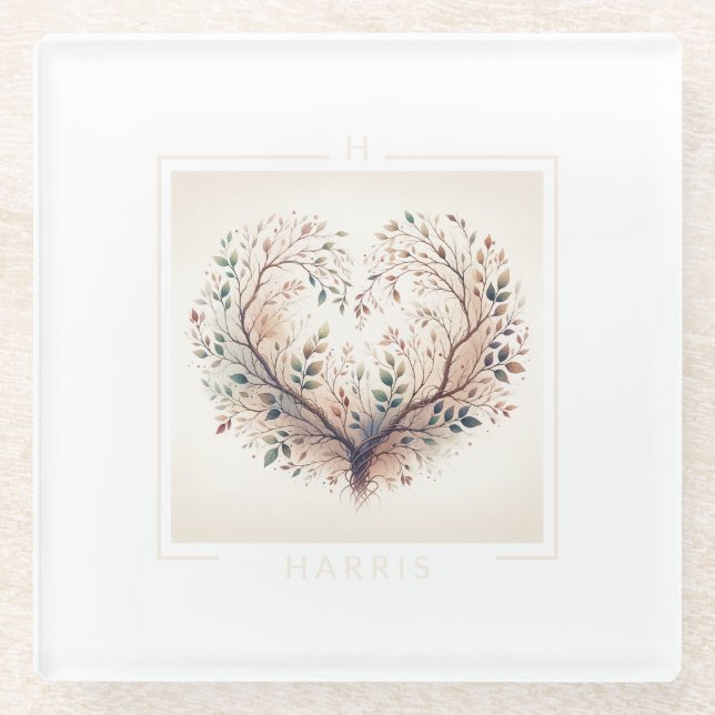 Posavasos De Vidrio Monograma único del corazón (Anverso)