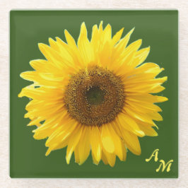 Posavasos De Vidrio Monograma y hermoso girasol en bosque verde