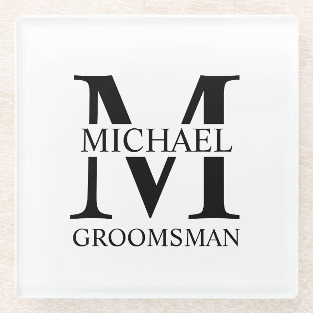 Posavasos De Vidrio Monograma y nombre del Groomsman personalizado (Anverso)