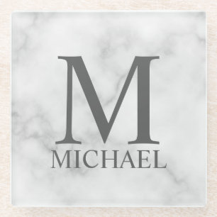 Posavasos De Vidrio Monograma y nombre personalizados de mármol blanco