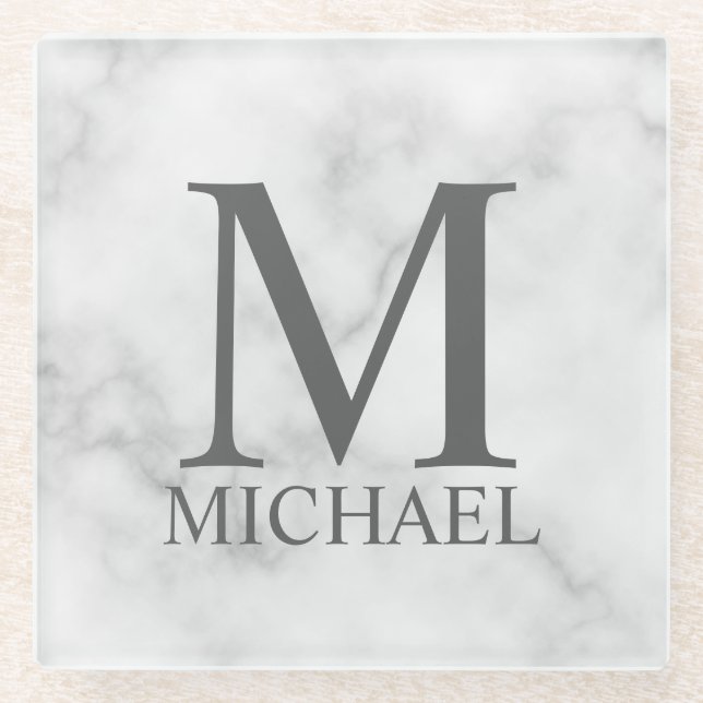 Posavasos De Vidrio Monograma y nombre personalizados de mármol blanco (Anverso)