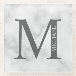 Posavasos De Vidrio Monograma y nombre personalizados de mármol blanco