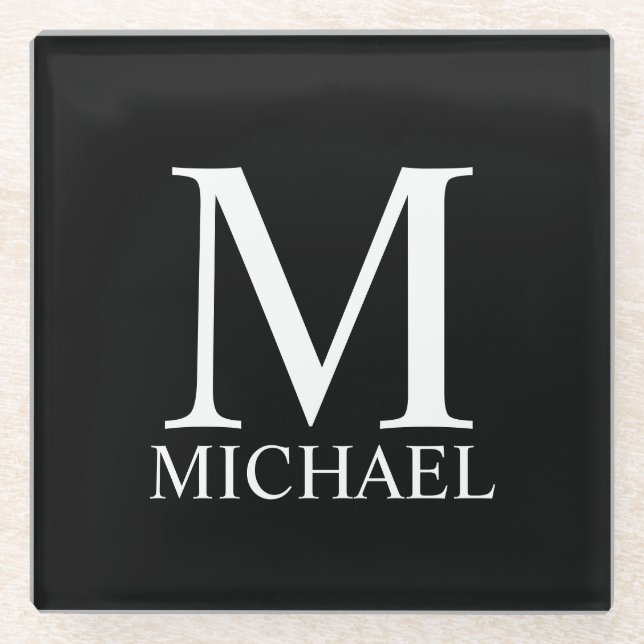 Posavasos De Vidrio Monograma y nombre personalizados de negro (Anverso)