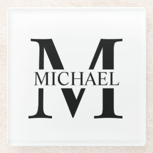 Posavasos De Vidrio Monograma y nombre personalizados en blanco