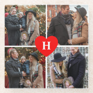 Posavasos De Vidrio Monogramado de corazón rojo Collage de fotos pers