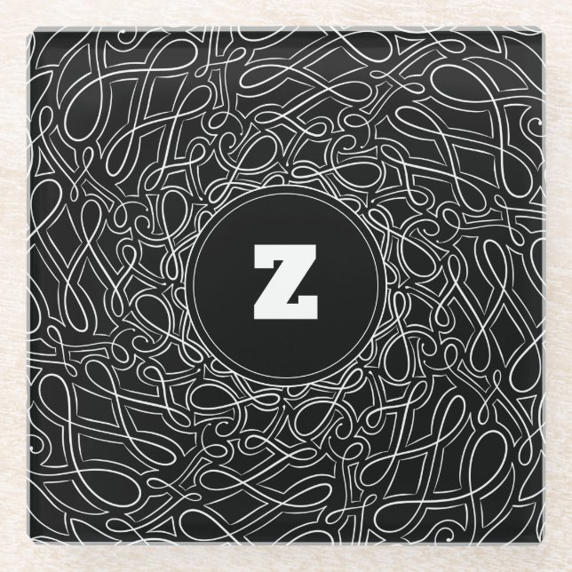 Posavasos De Vidrio Monogramado Patrón blanco y negro Swirl Moderno (Anverso)