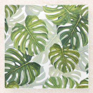 Posavasos De Vidrio Monstera verde acuarela tropical