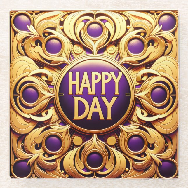 Posavasos De Vidrio Monstruo de vidrio Metallic Gold Happy Day (Anverso)