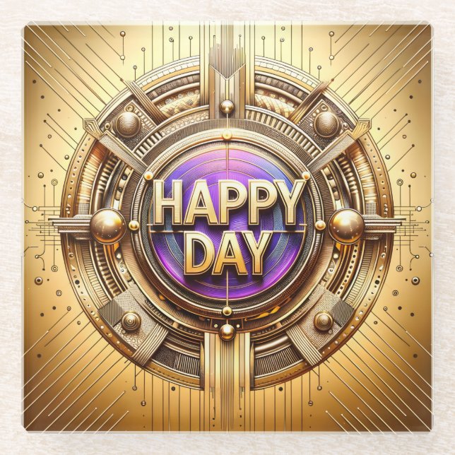 Posavasos De Vidrio Monstruo de vidrio Metallic Gold Happy Day (Anverso)