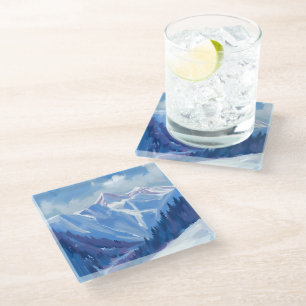Posavasos De Vidrio Montaña de esquí   Cordillera de acuarela azul
