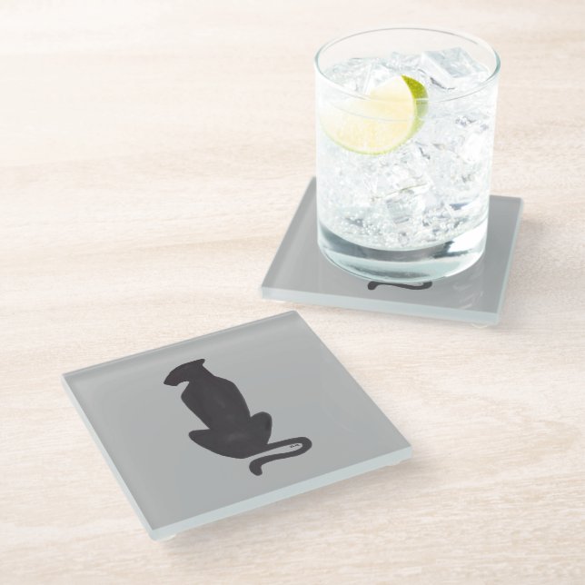 Posavasos De Vidrio Montaña de vidrio gris de silueta de gato negro (Angular)