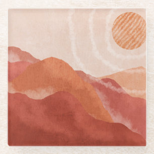 Posavasos De Vidrio Montañas Boho terracota, poster abstracto.