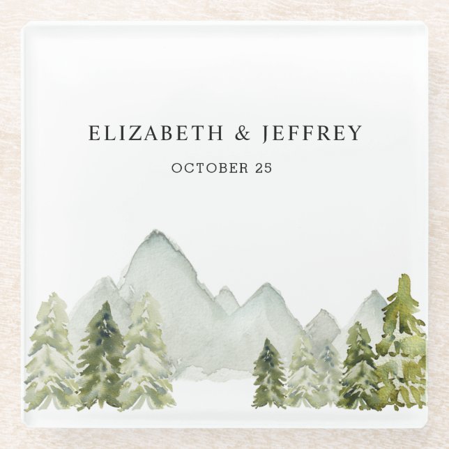 Posavasos De Vidrio Montañas de acuarela rústica Boda de Invierno de P (Anverso)