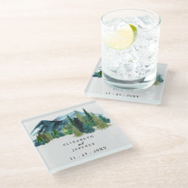 Posavasos De Vidrio Montañas de acuarela rústica Boda de Invierno de P