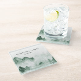 Posavasos De Vidrio Montañas de acuarela rústica Boda de Invierno de P