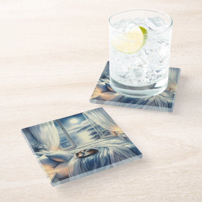 Posavasos De Vidrio Moonlit Coastal Bedroom with Sleeping Cat (Angular)