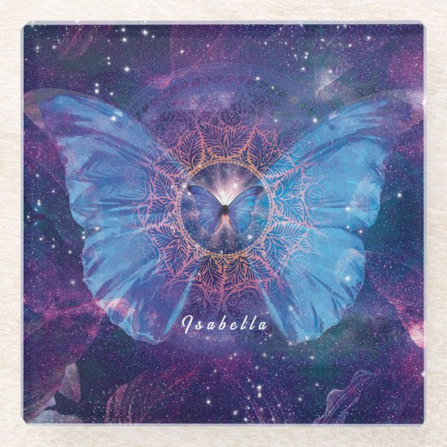 Posavasos De Vidrio Morfo mariposa / Galaxia Mandala (Anverso)