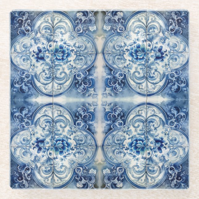 Posavasos De Vidrio Mosaico antiguo en azul delft (Anverso)