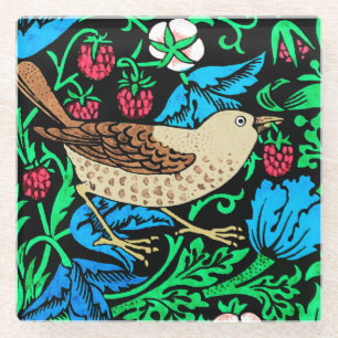 Posavasos De Vidrio Mosaico de flores y pájaro William Morris sobre n