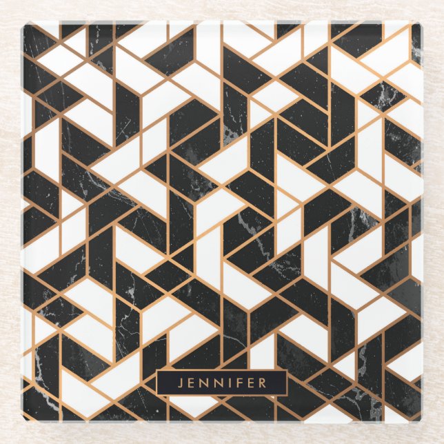 Posavasos De Vidrio Mosaico de mármol blanco y negro (Anverso)