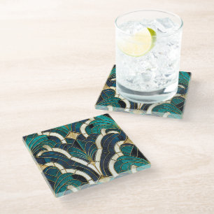 Posavasos De Vidrio Mosaico de mármol de lujo Art Deco azul oro y verd