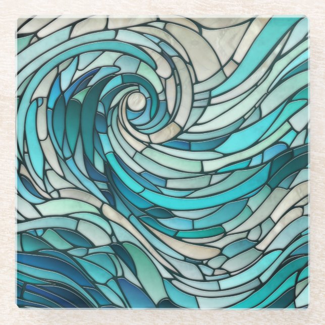 Posavasos De Vidrio Mosaico espiral de olas oceánicas (Anverso)