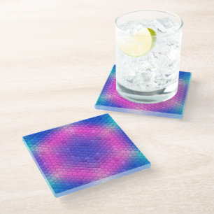 Posavasos De Vidrio Mosaico hexagonal rosado en degradado azul