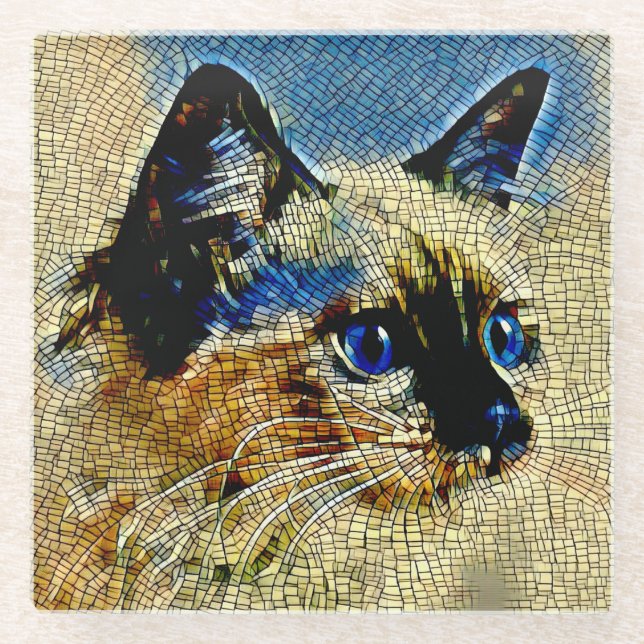 Posavasos De Vidrio Mosaicos de gato siameses de ojos azules (Anverso)