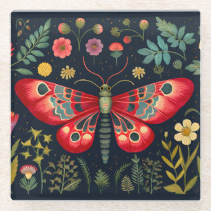 Posavasos De Vidrio Moth Roja En El Jardín Nocturno