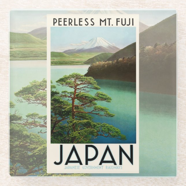 Posavasos De Vidrio Mt Fuji Japón Afiche de Viaje Arte de época (Anverso)