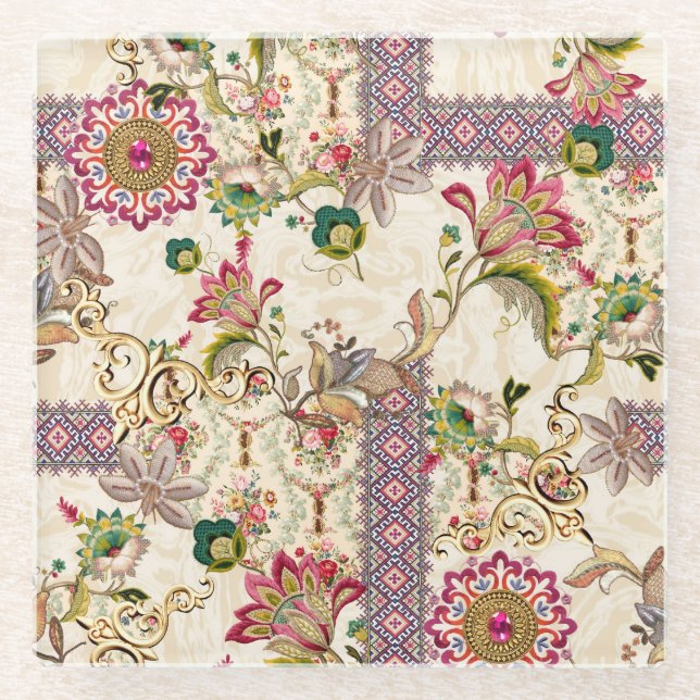 Posavasos De Vidrio Mughal Floral Paisley (Anverso)