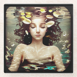 Posavasos De Vidrio Mujer bajo el agua, Arte de IA