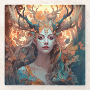 Posavasos De Vidrio Mujer Con Antlers Fantasía Arte