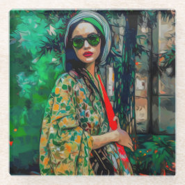 Posavasos De Vidrio Mujer con gafas de sol verdes