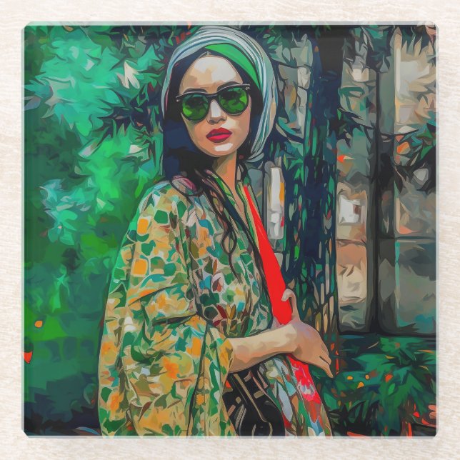 Posavasos De Vidrio Mujer con gafas de sol verdes (Anverso)