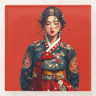 Posavasos De Vidrio Mujer coreana moderna en retrato de Hanbok