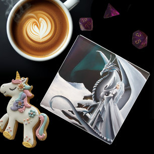 Posavasos De Vidrio Mujer del Dragón Blanco Fantasía Auroras Boreales