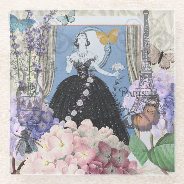 Posavasos De Vidrio Mujer elegante azul vestido floral elegante (Anverso)