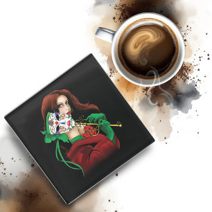 Posavasos De Vidrio Mujer Elegante Máscara Veneciana Rojo Verde