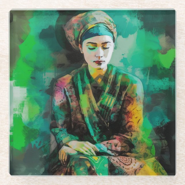 Posavasos De Vidrio Mujer en verde (Anverso)